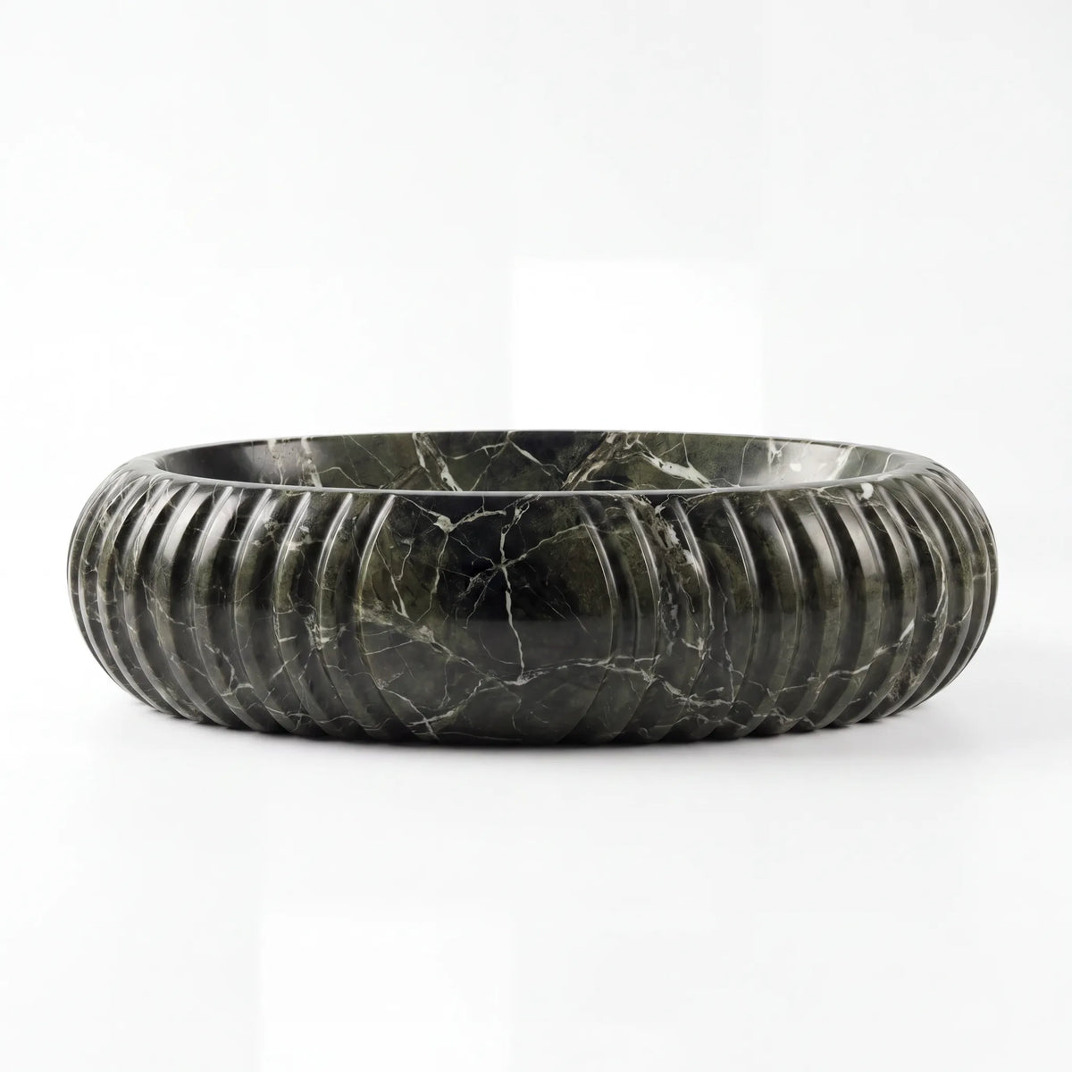 Front view of RMD-229 Verdanza oval green marble vessel sink with polished finish