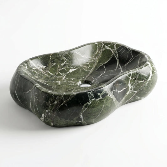 Oval green marble vessel sink handcrafted from natural stone with distinctive natural veining