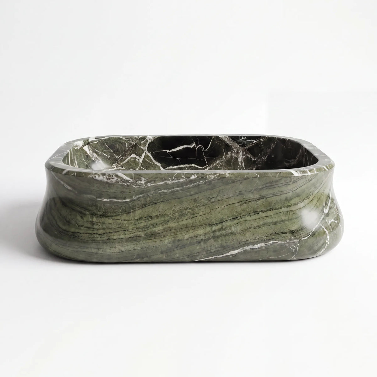 Front view of RMD-232 Verdara round green marble vessel sink with polished natural stone finish