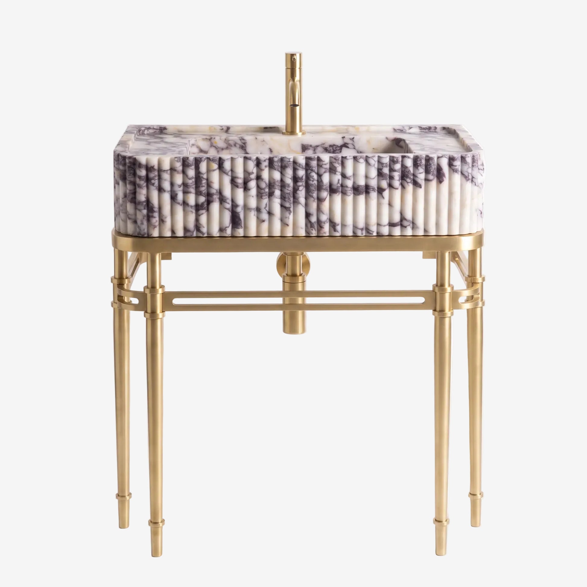 A modern rectangular bathroom vanity with a fluted marble basin featuring white, gray, and purple veining, supported by a polished gold brass frame with elegant legs and a matching gold faucet.