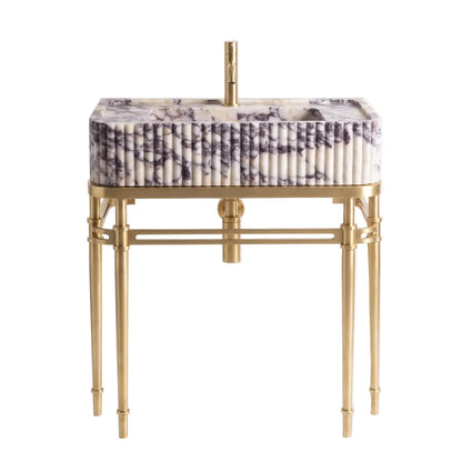 Ravella 30 inch Calacatta Viola marble bathroom vanity sink with fluted front and solid brass console legs
