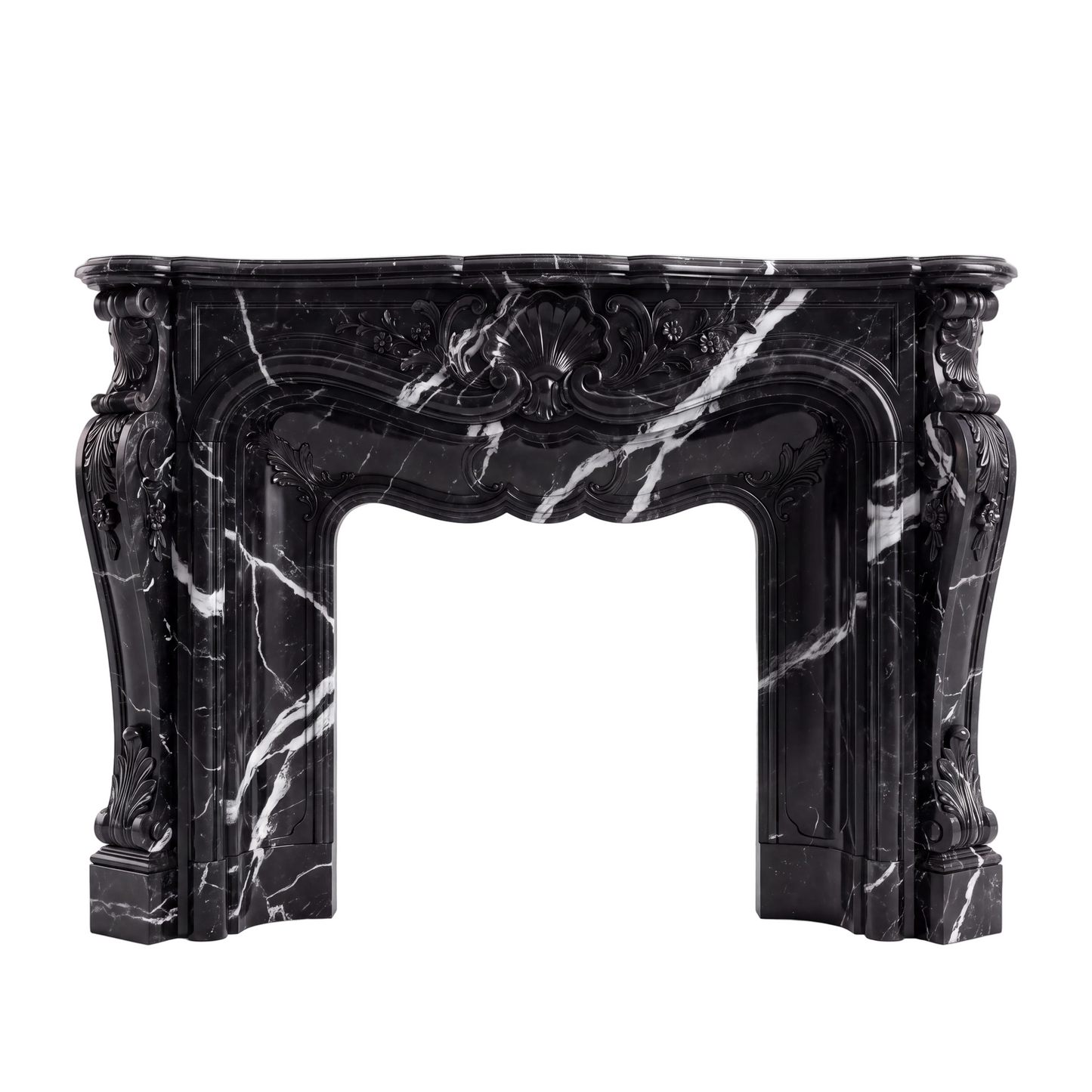 Custom Nero Marquina black marble fireplace mantel and surround with bold white veining, hand-carved shell centerpiece, floral motifs, acanthus leaves, and curved Rococo details.