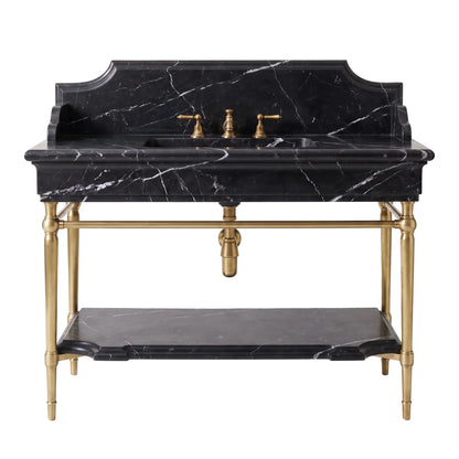 Ravenna 30 inch Nero Marquina marble bathroom vanity sink with solid brass console legs and lower shelf