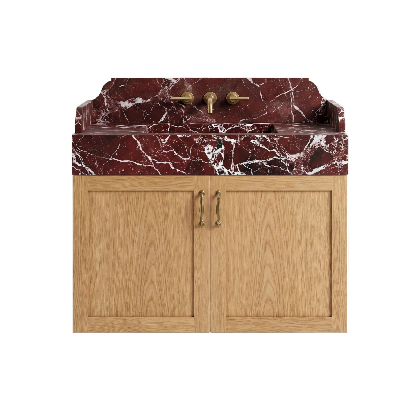 Redmont custom wall mounted Rosso Levanto marble bathroom vanity with integrated sink, backsplash and natural oak cabinet