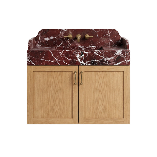 Redmont custom wall mounted Rosso Levanto marble bathroom vanity with integrated sink, backsplash and natural oak cabinet