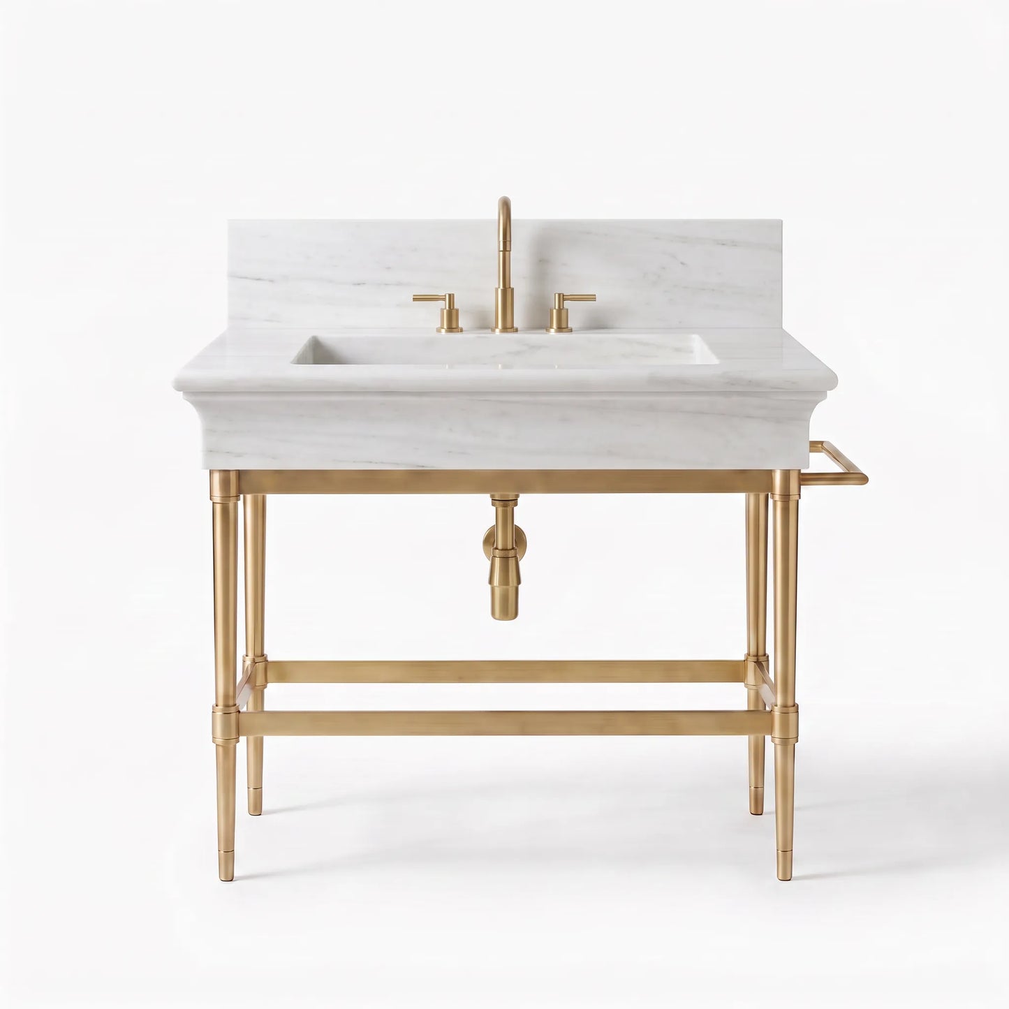 A modern single-sink bathroom vanity with a white marble basin and backsplash, supported by a brushed gold metal frame with a matching gold faucet and handles.