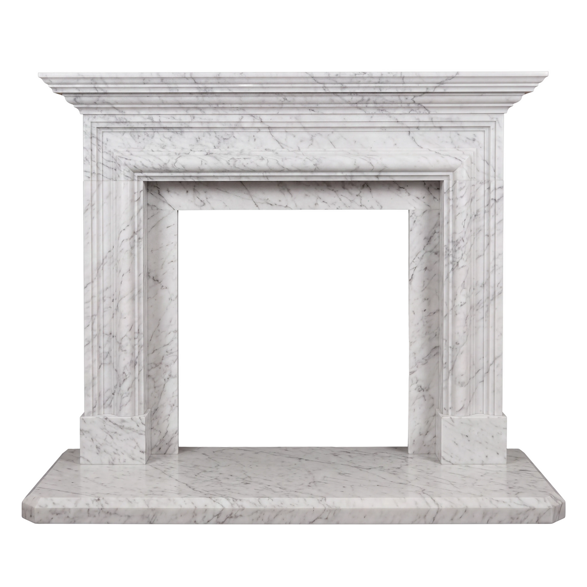Custom Carrara White marble fireplace mantel with elegant Neoclassical detailing, layered architectural molding, and matching marble hearth.