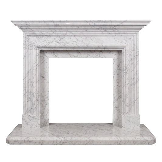 Custom Carrara White marble fireplace mantel with elegant Neoclassical detailing, layered architectural molding, and matching marble hearth.