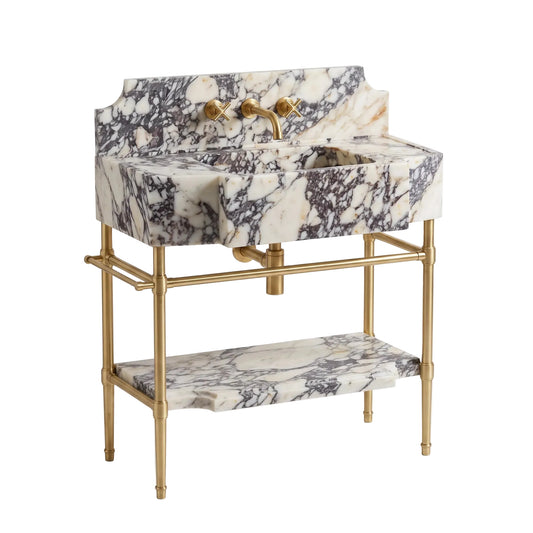 Riviera 30 inch Calacatta Viola marble bathroom vanity with sink, solid brass console legs and matching marble shelf