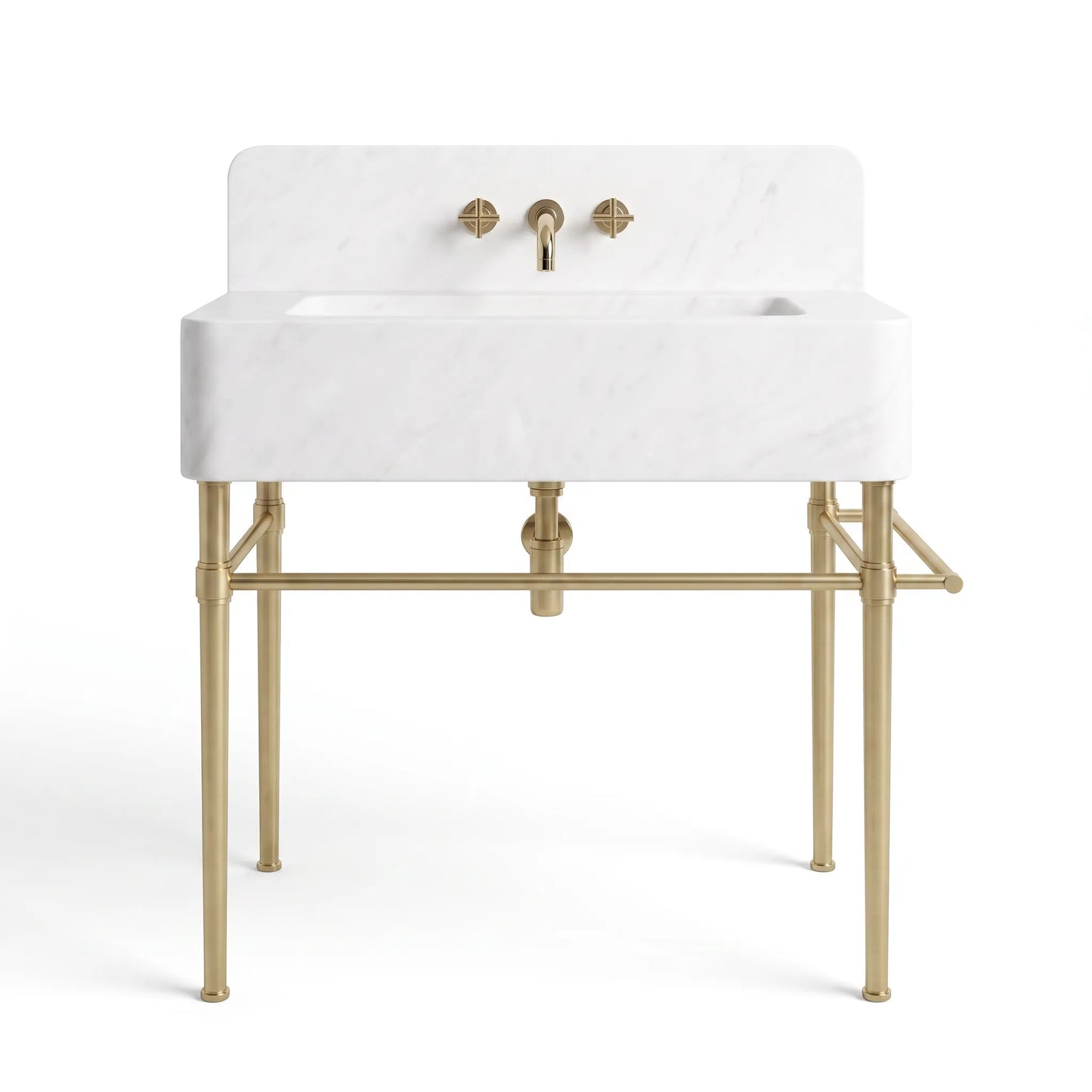 A modern farmhouse-style bathroom sink with a white marble basin and backplate, supported by a gold-finished metal stand with legs and a crossbar, featuring a matching gold faucet and handles.