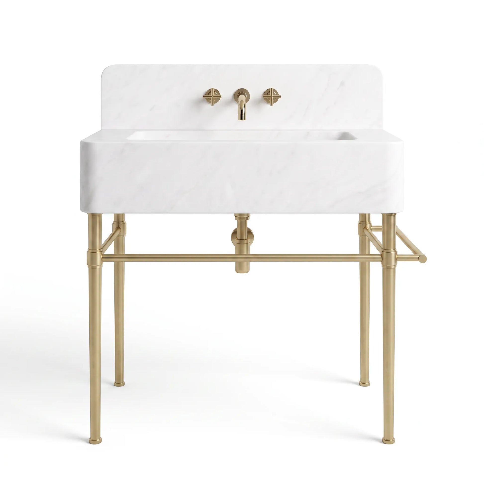 A modern farmhouse-style bathroom sink with a white marble basin and backplate, supported by a gold-finished metal stand with legs and a crossbar, featuring a matching gold faucet and handles.