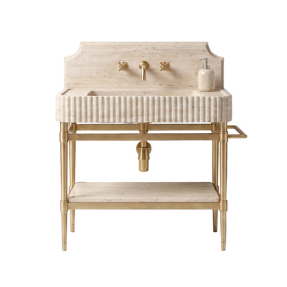 Royale 30 inch Travertine marble bathroom vanity sink with fluted front, backsplash and solid brass console legs