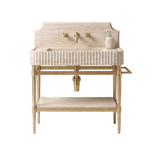 Royale 30 inch Travertine marble bathroom vanity sink with fluted front, backsplash and solid brass console legs