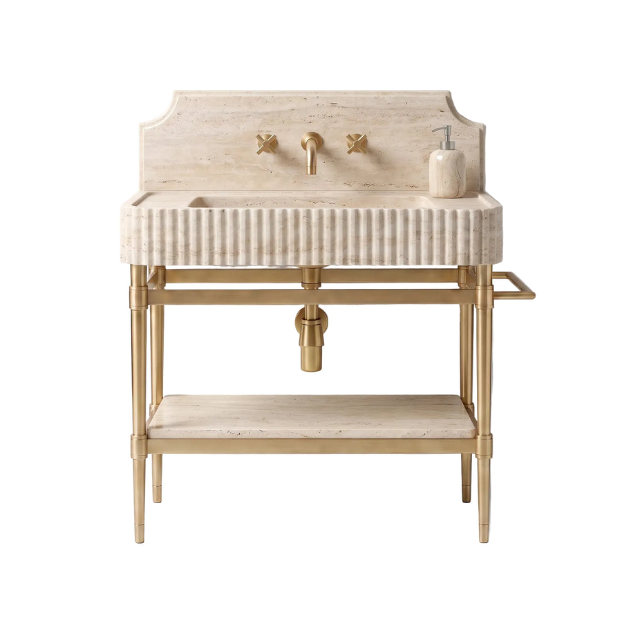 Royale – Custom Travertine Marble Sink Vanity with Solid Brass Console Legs