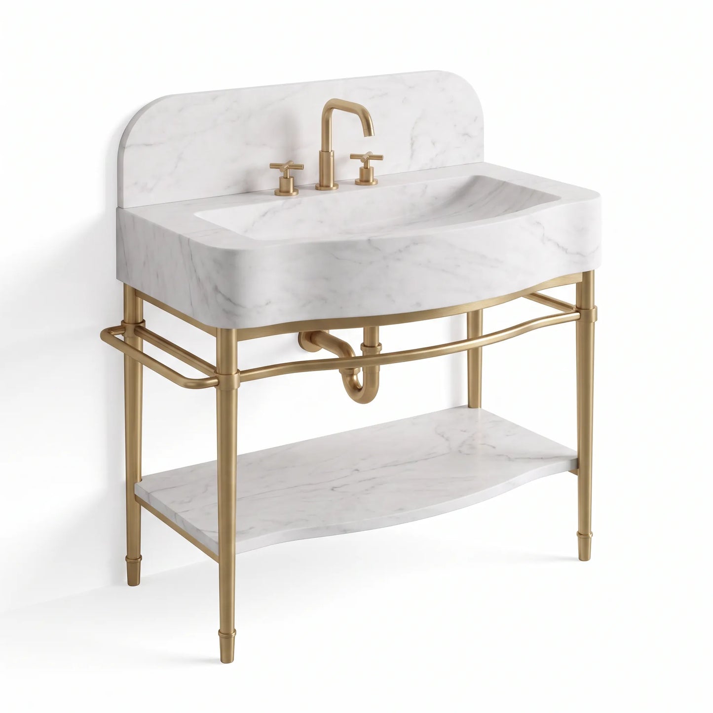 A freestanding bathroom vanity with a white marble sink basin and matching marble shelf, supported by a gold-finished metal frame with a curved brass faucet and two-hole cross-handle fixture.