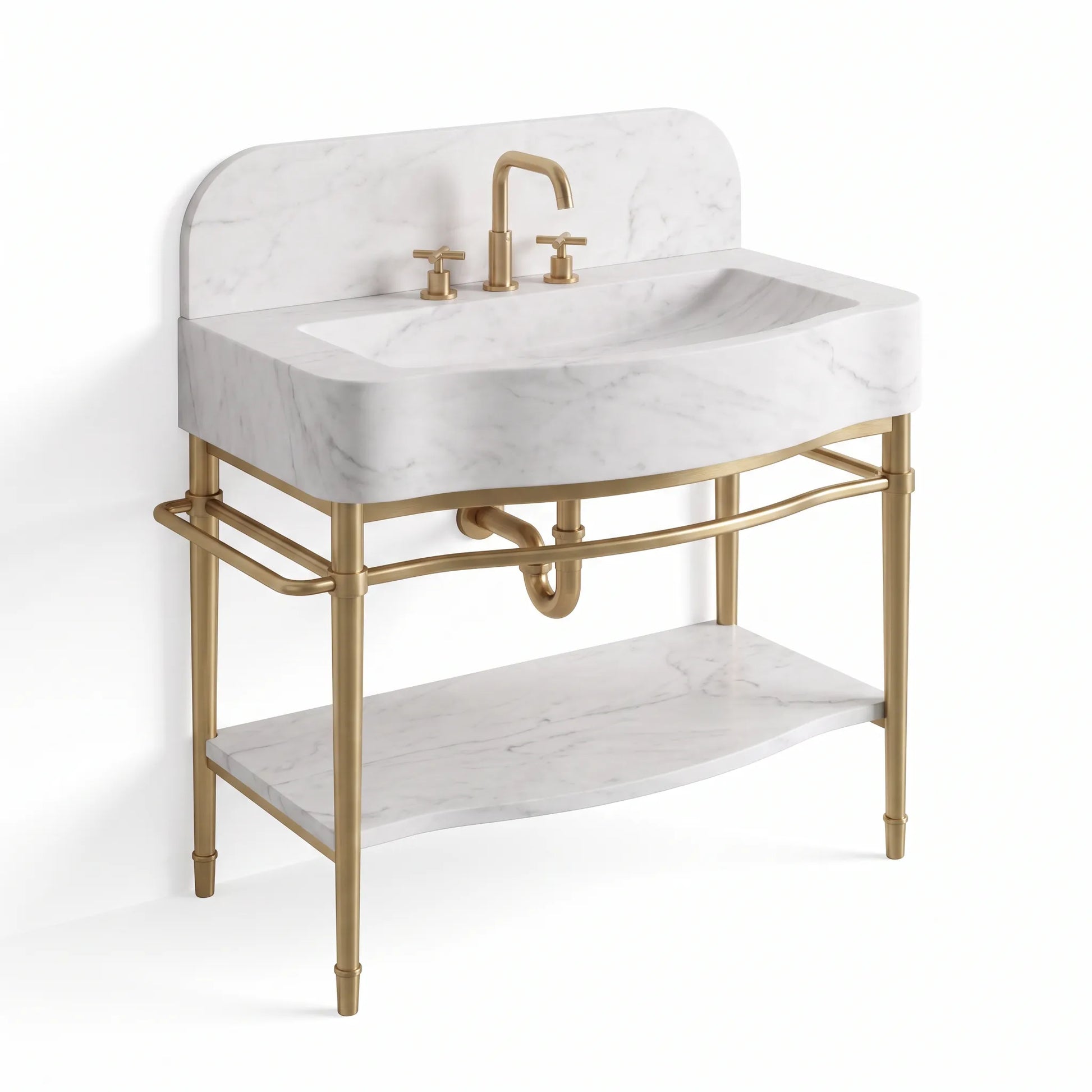 A freestanding bathroom vanity with a white marble sink basin and matching marble shelf, supported by a gold-finished metal frame with a curved brass faucet and two-hole cross-handle fixture.
