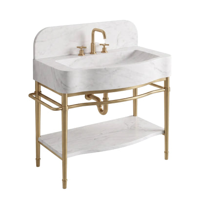 Salerno 30 inch Carrara White marble bathroom vanity sink with solid brass console legs and matching marble shelf