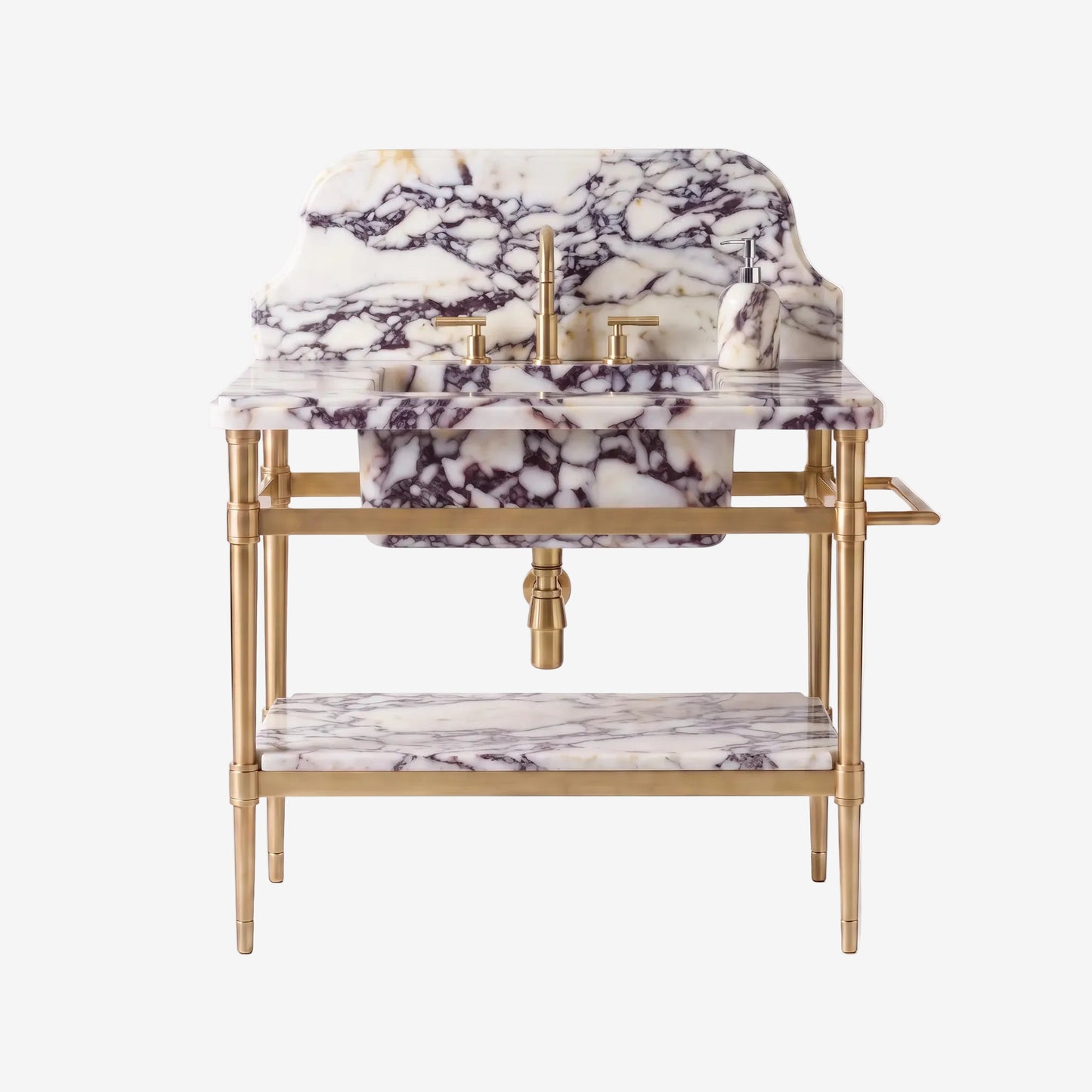 A freestanding bathroom vanity with a white marble sink and matching marble shelf, accented by a gold brass frame and faucet.