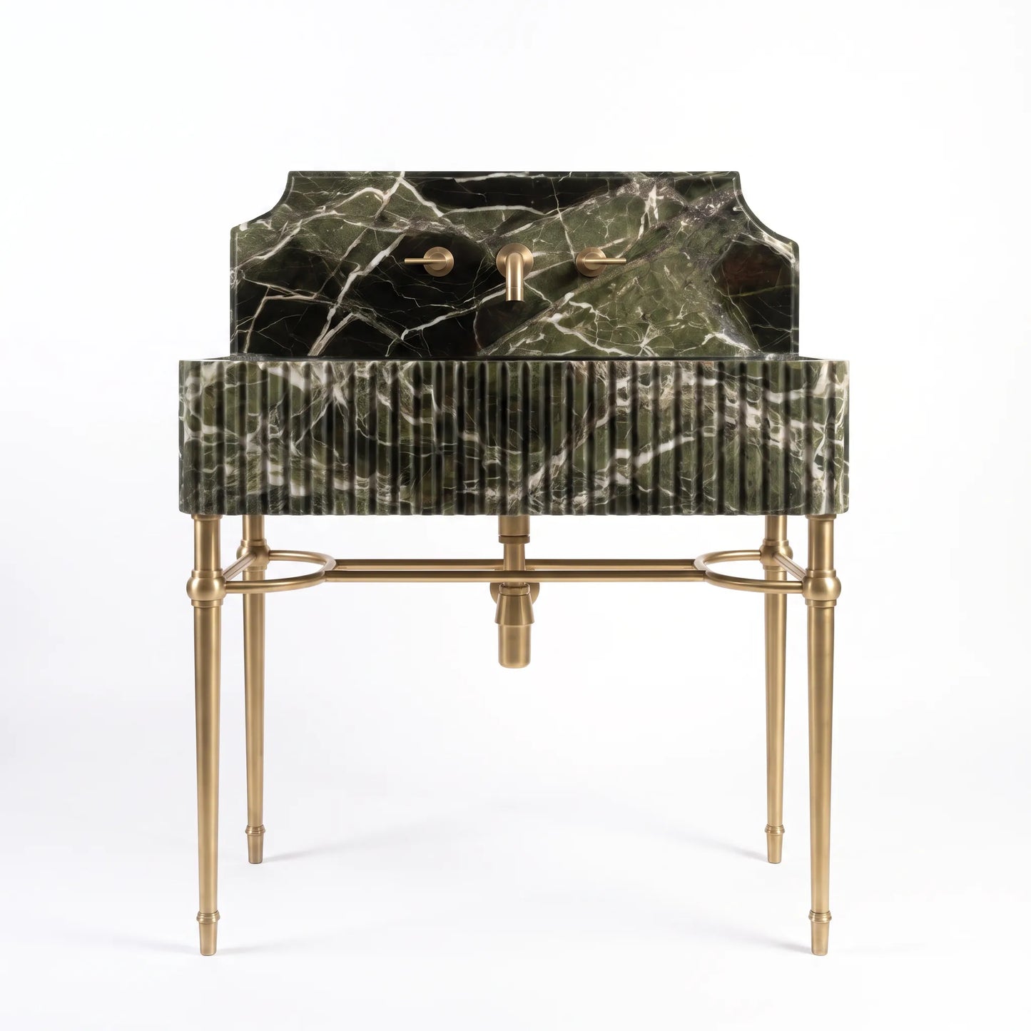 A modern bathroom vanity sink featuring a dark green and black marble basin with gold-toned hardware, supported by a gold metal stand with elegant legs.