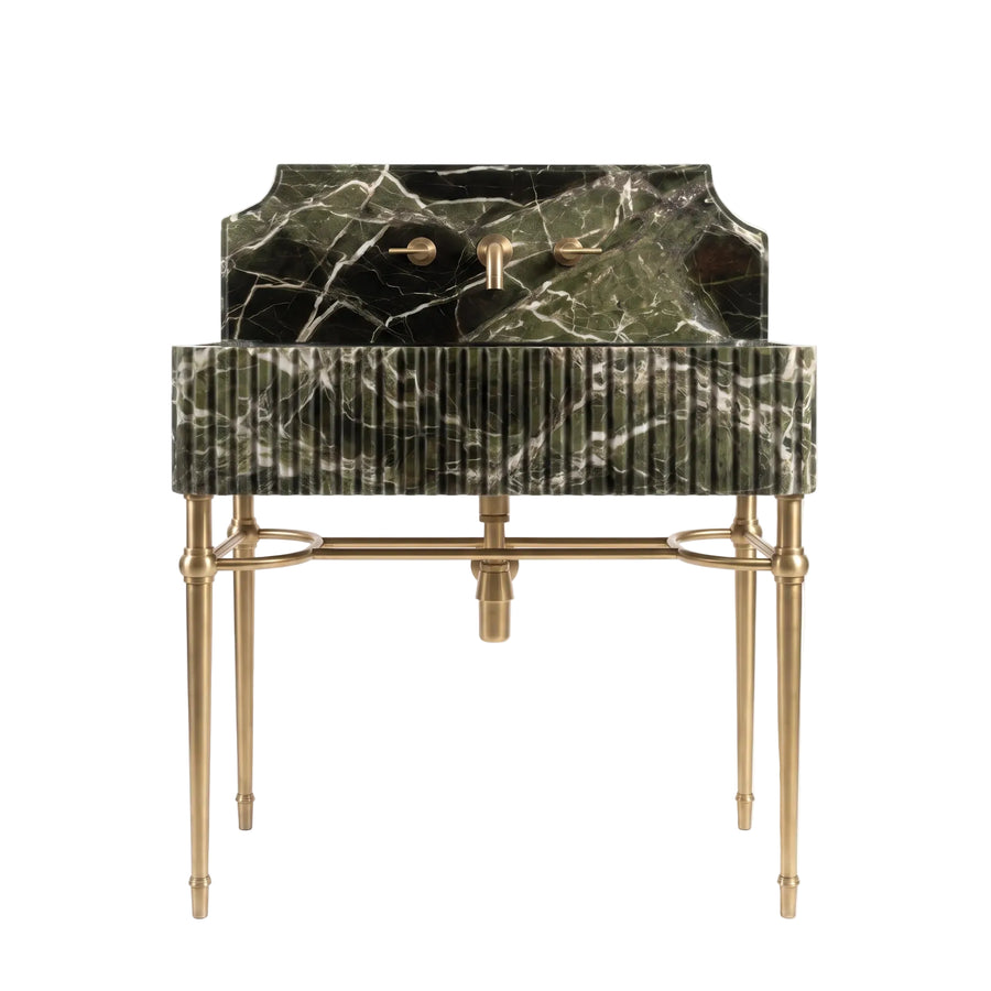 Serenza – Custom Green Marble Sink Vanity with Solid Brass Console Legs