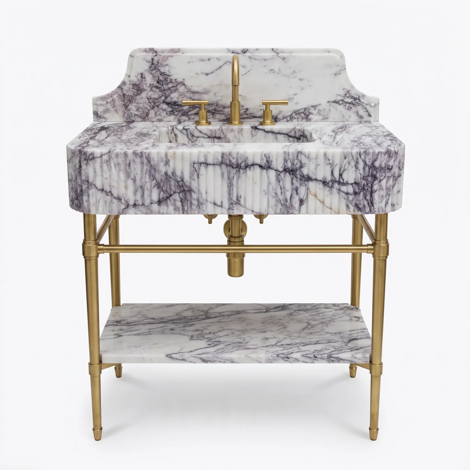 A double-sink bathroom vanity featuring a white and gray marble countertop, backsplash, and lower shelf, paired with a polished brass faucet, handles, and metal frame.