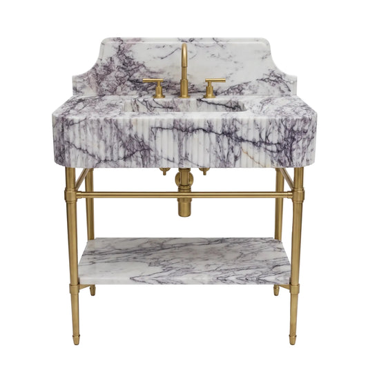 Siena 30 inch Lilac marble bathroom vanity with sink, backsplash, solid brass console legs and matching marble shelf