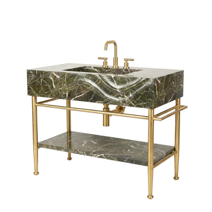 Solis 30 inch Green marble bathroom vanity with sink, solid brass console legs and matching marble shelf