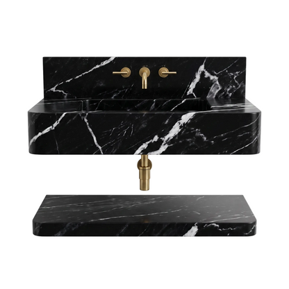 Sorano 30 inch Nero Marquina wall mounted marble bathroom sink with matching floating marble shelf