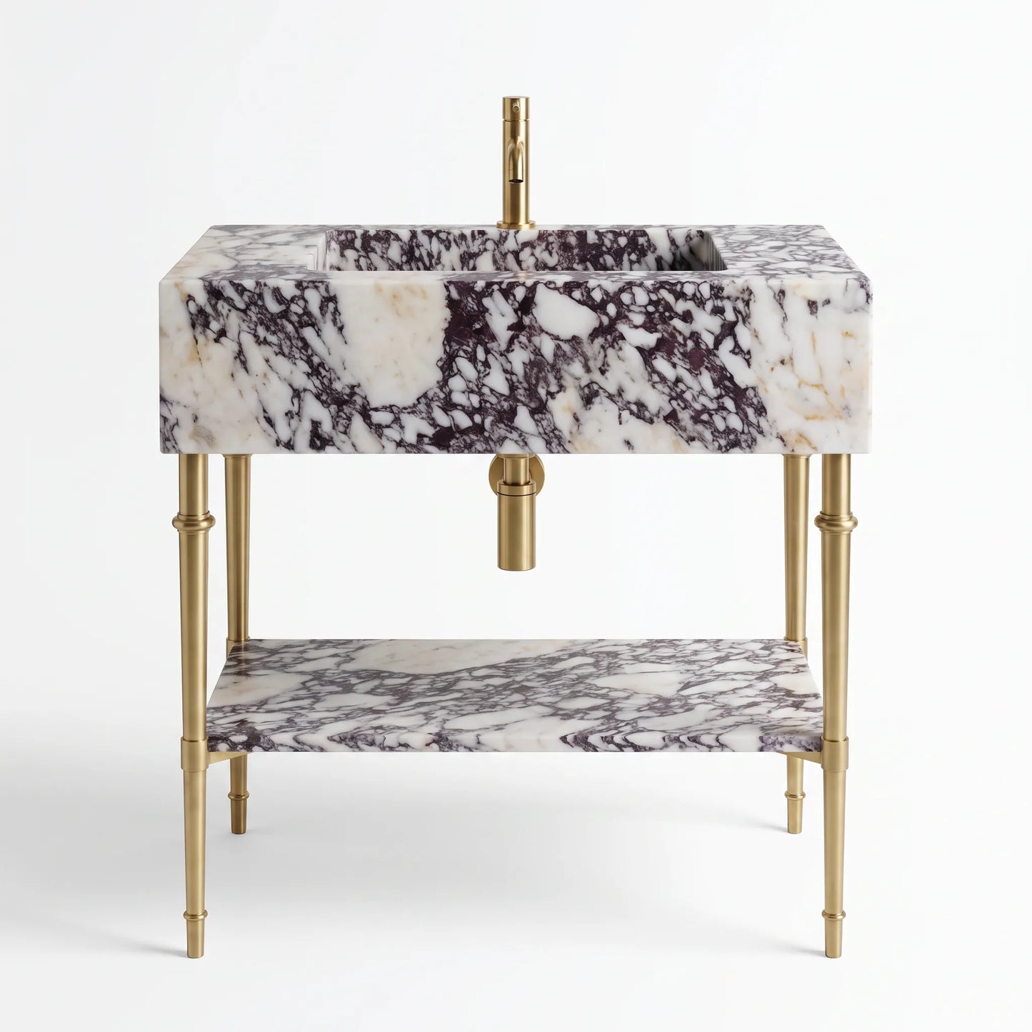 A modern rectangular bathroom vanity with a white and black marble sink top, matching marble shelf, and polished gold brass legs and faucet.