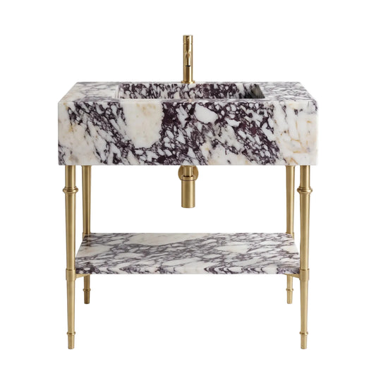 Sorrento 30 inch Calacatta Viola marble bathroom vanity with sink, solid brass console legs and matching marble shelf