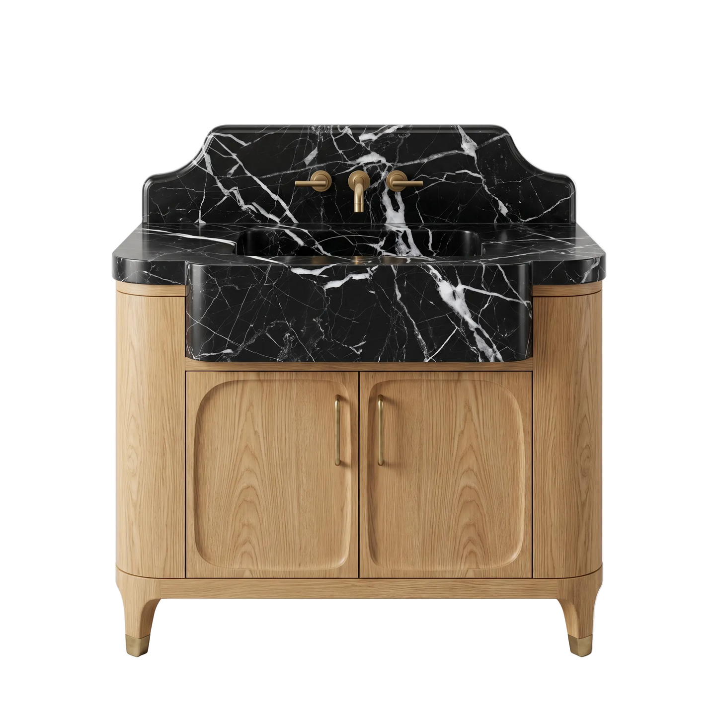Stonemill custom Nero Marquina marble bathroom vanity with integrated sink, backsplash and handcrafted oak cabinet