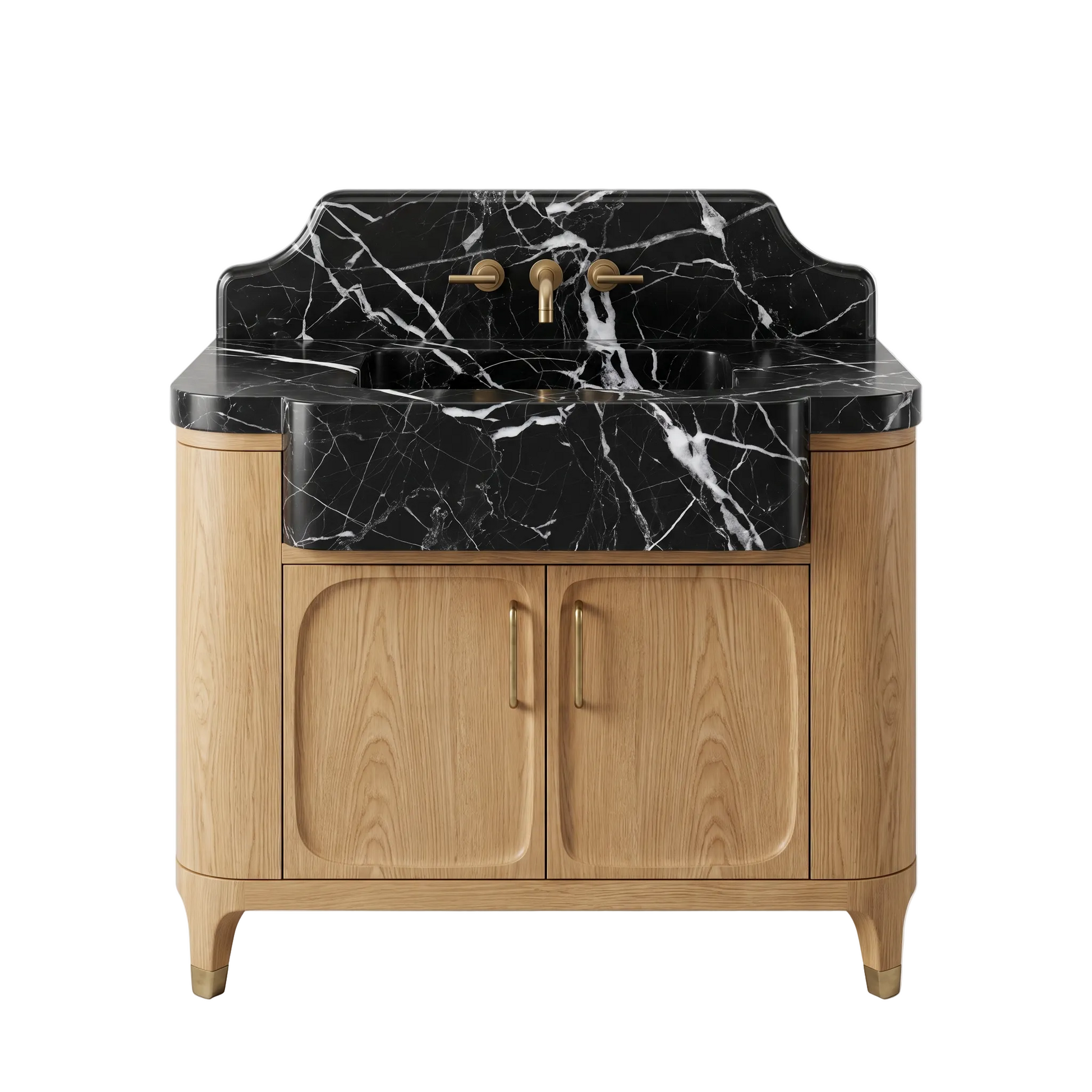 Stonemill custom Nero Marquina marble bathroom vanity with integrated sink, backsplash and handcrafted oak cabinet