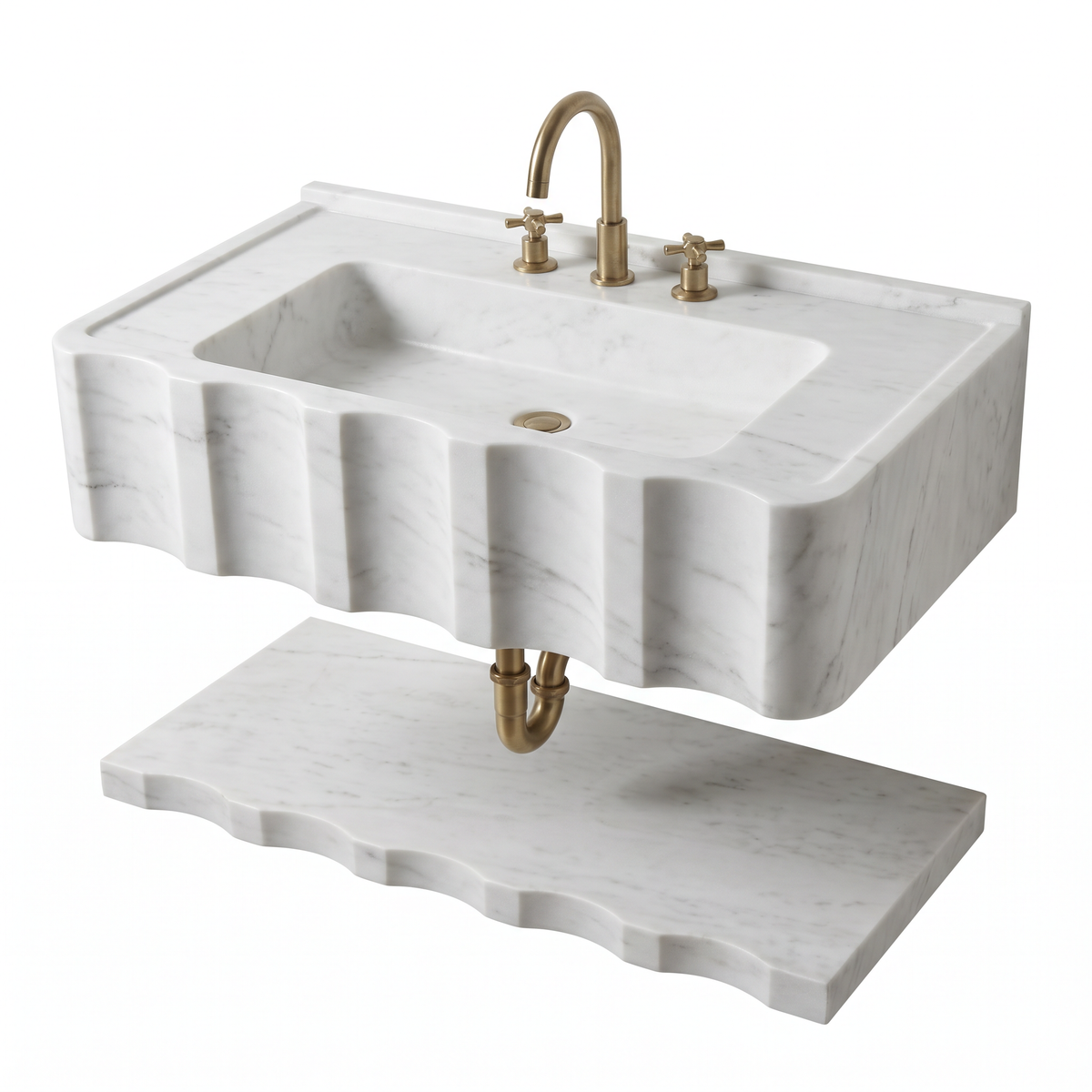 Tallinn 30 inch Carrara White sculpted wall mounted marble bathroom sink with floating marble shelf