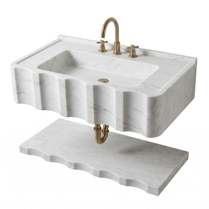 Tallinn 30 inch Carrara White sculpted wall mounted marble bathroom sink with floating marble shelf