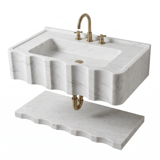 Tallinn 30 inch Carrara White sculpted wall mounted marble bathroom sink with floating marble shelf