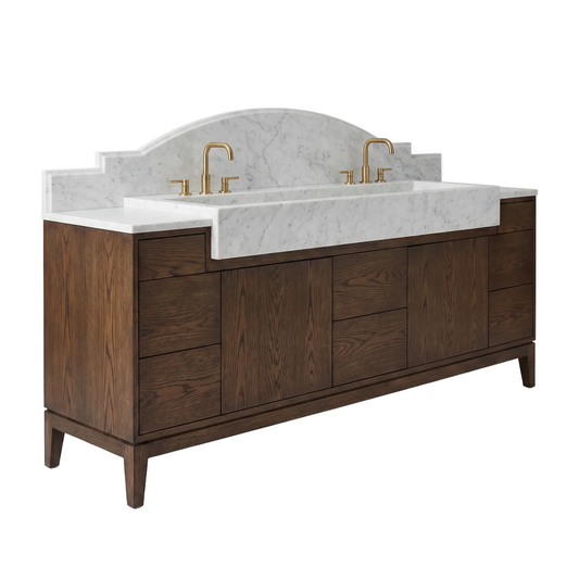 Tanglewood custom Carrara White marble double sink bathroom vanity with backsplash and handcrafted walnut cabinet