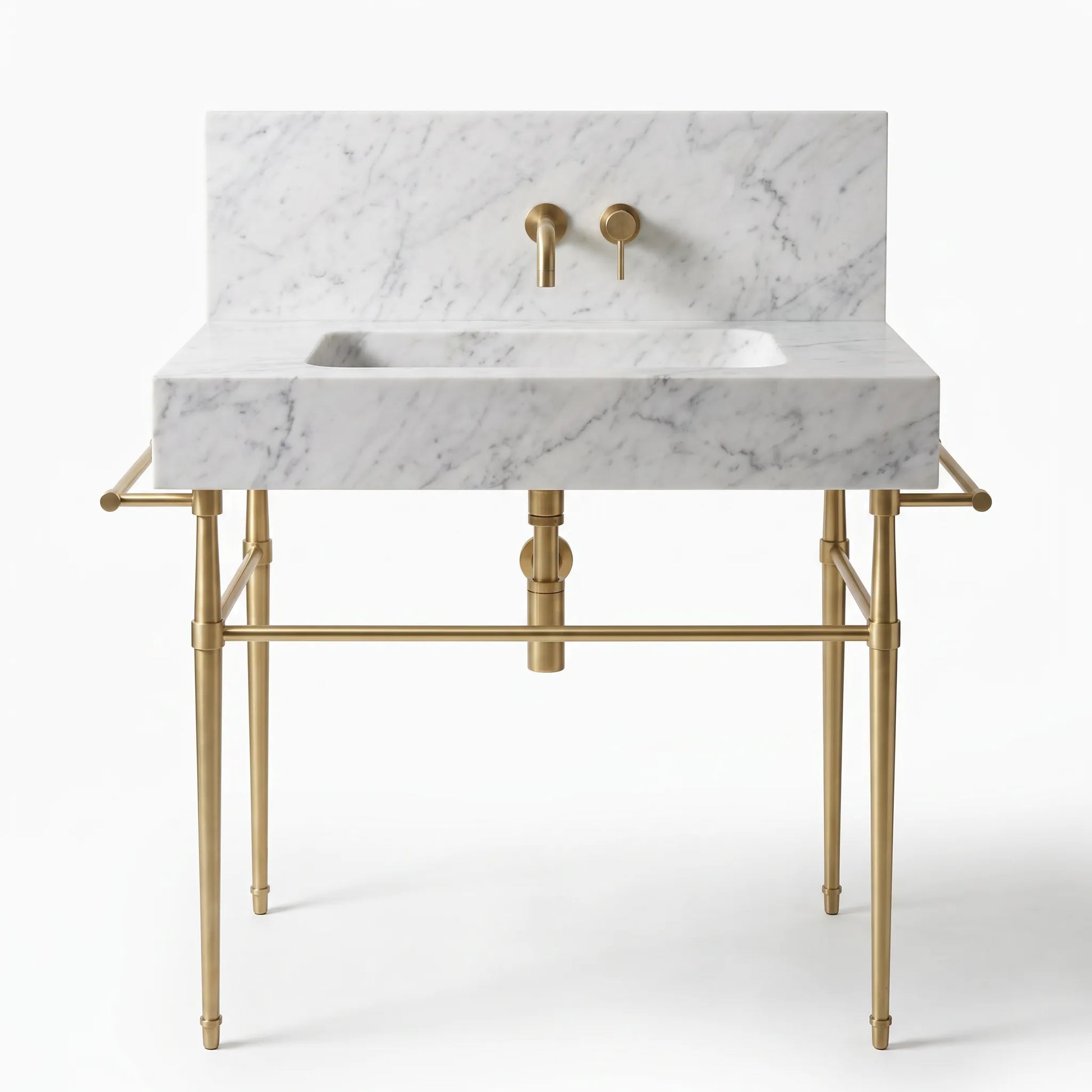 A modern bathroom vanity featuring a white marble countertop with gray veining, a matching marble backsplash, and a gold-finished metal frame with a wall-mounted faucet and two separate hot and cold handles.