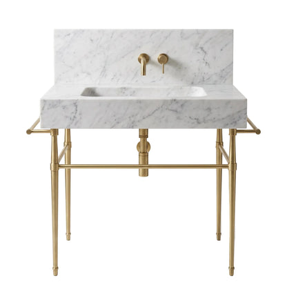 Tivoli 30 inch Carrara White marble bathroom vanity sink with backsplash and solid brass console legs