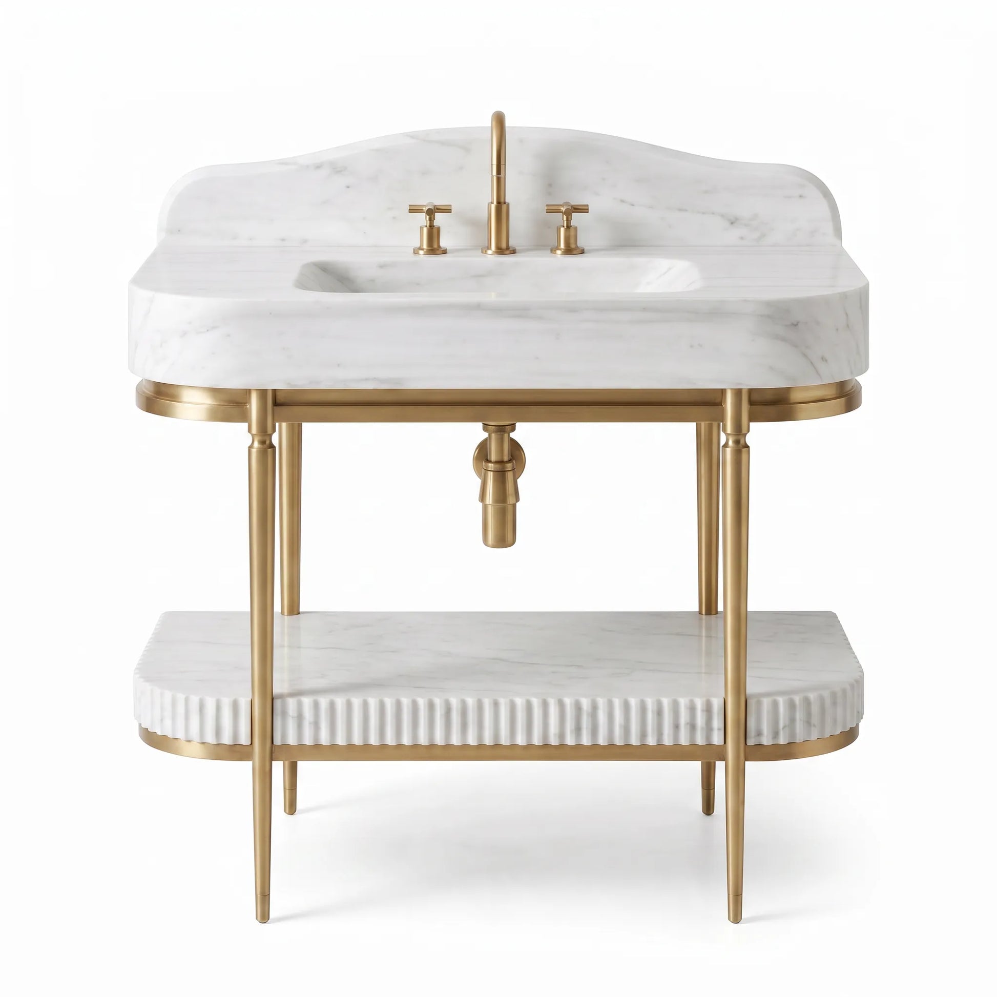 A modern bathroom vanity featuring a white marble sink top and lower shelf with a brushed gold metal frame, legs, and faucet.