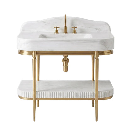 Torino 30 inch Carrara White marble bathroom vanity sink with brass console legs and matching marble shelf