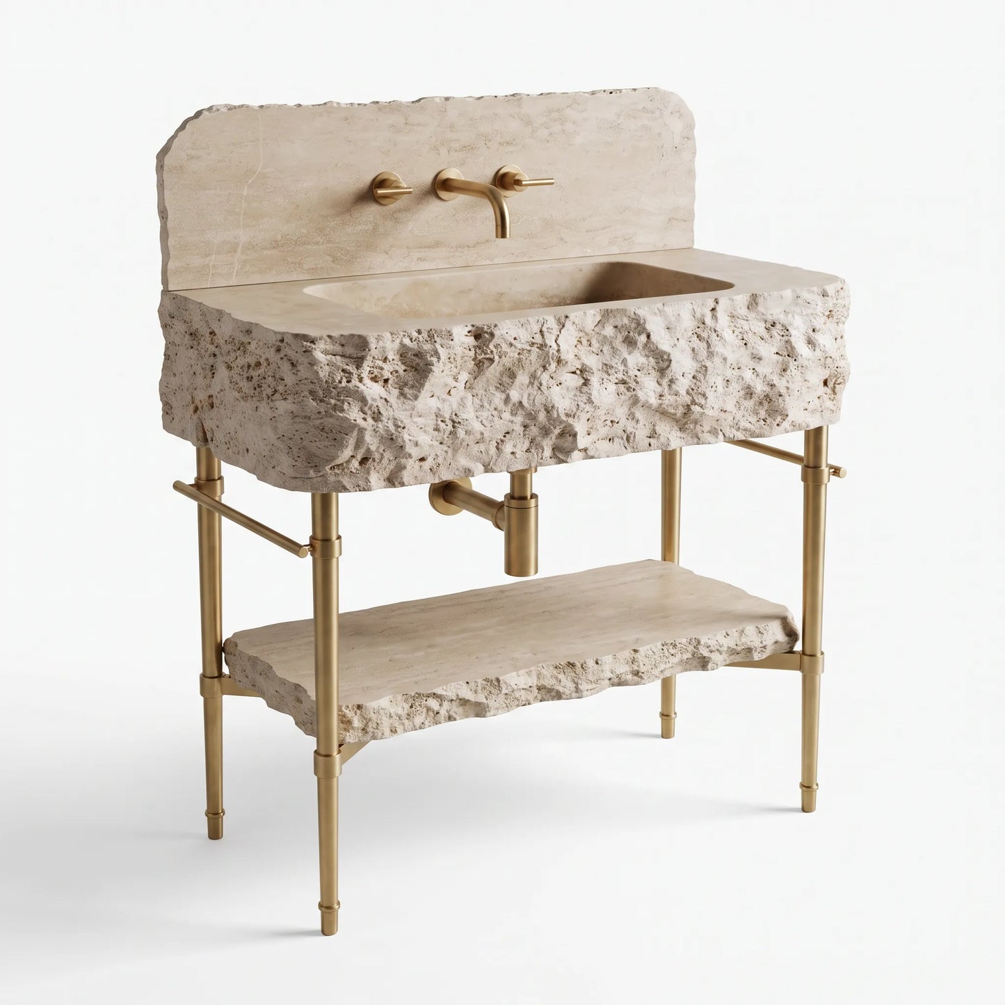 A rustic stone sink vanity with a rough-textured beige stone basin and matching shelf, supported by a gold-finished metal frame with a matching gold faucet and handles, shown on a light gray background.