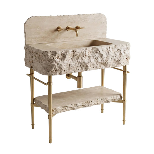 Toscana 30 inch Travertine marble bathroom vanity with sink, solid brass console legs and matching marble shelf