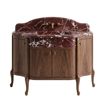 Tremaine custom Rosso Levanto marble bathroom vanity with sink, scalloped backsplash and walnut cabinet