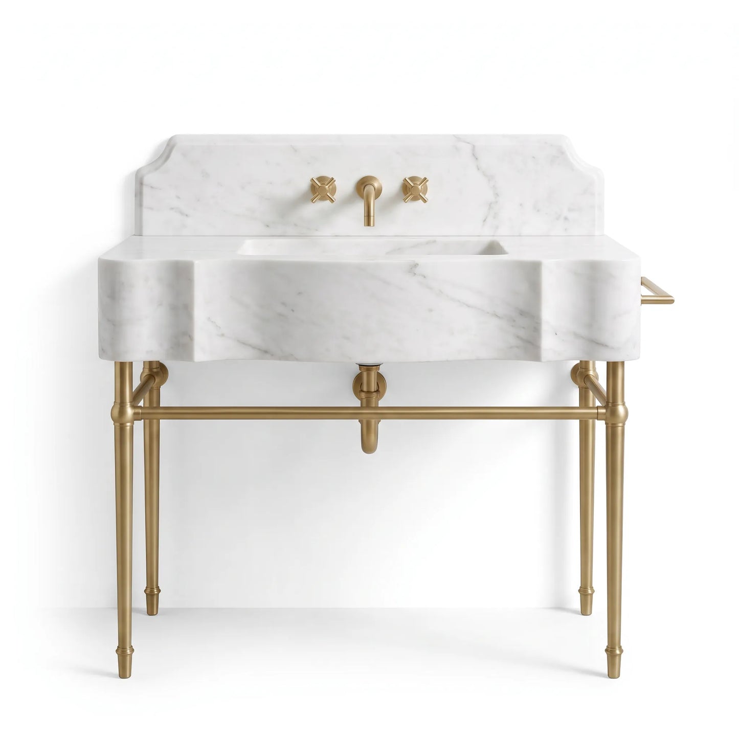 A freestanding bathroom vanity with a white marble sink and backplate, supported by a brass metal frame with legs and a matching faucet set, shown on a white background.