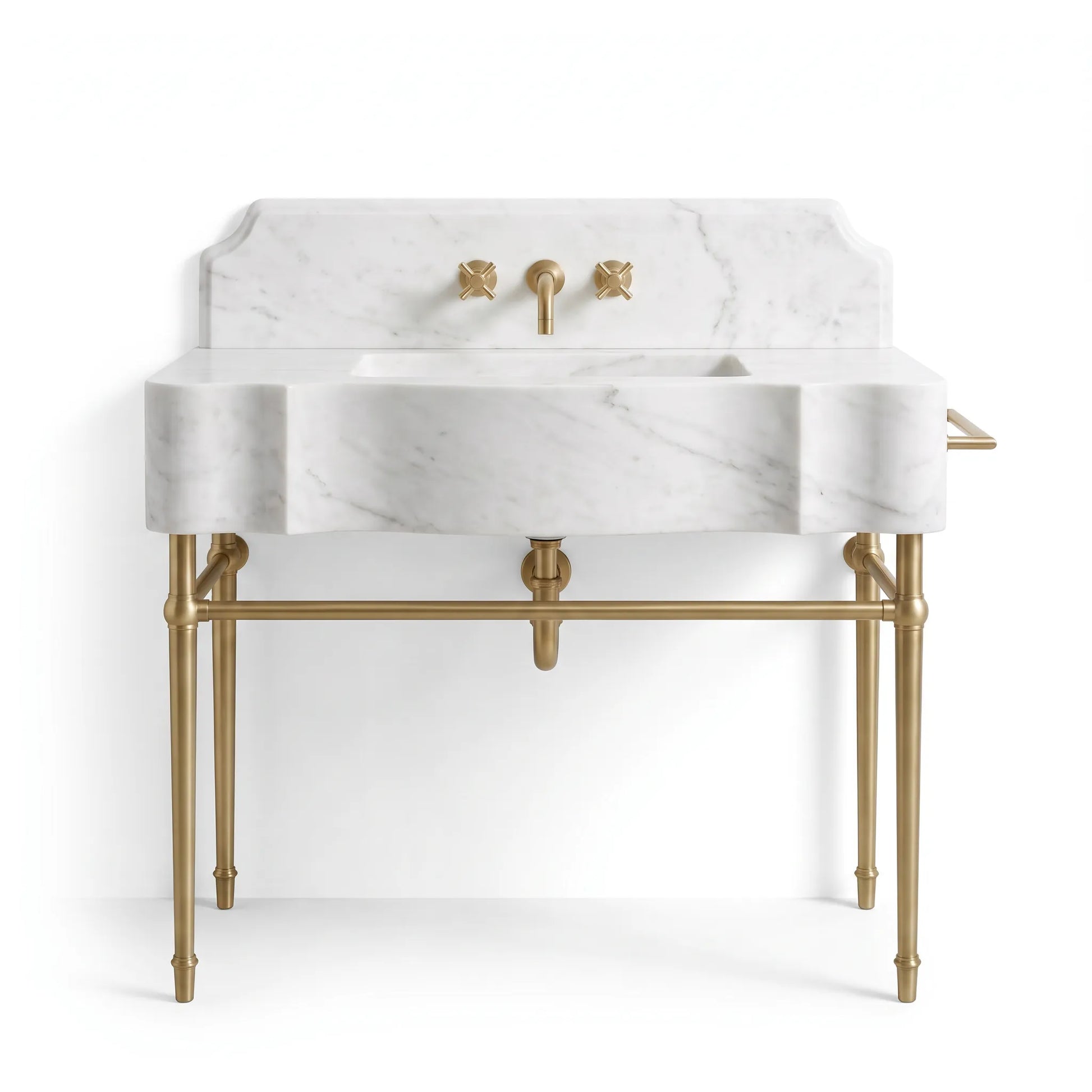 A freestanding bathroom vanity with a white marble sink and backplate, supported by a brass metal frame with legs and a matching faucet set, shown on a white background.