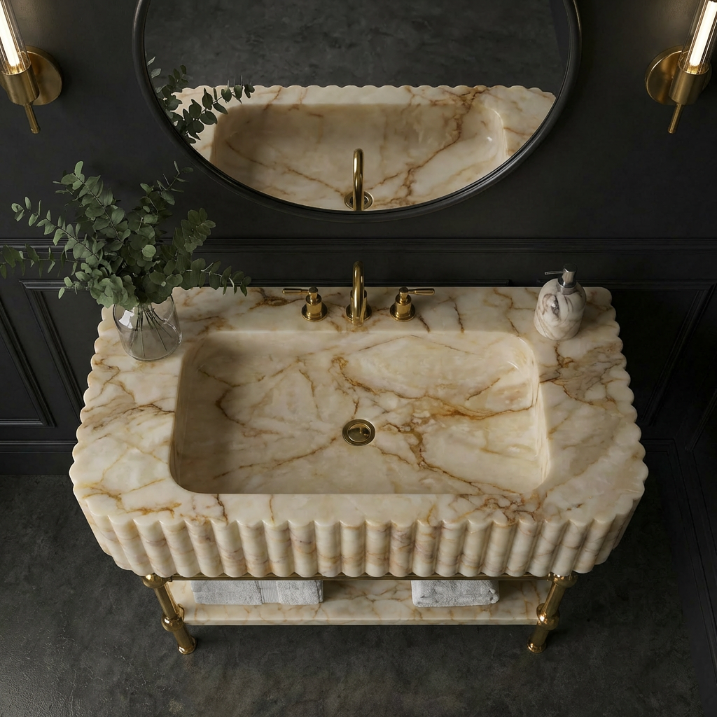 30"Gold Vein Fluted Marble Sink With Brass Console Legs
