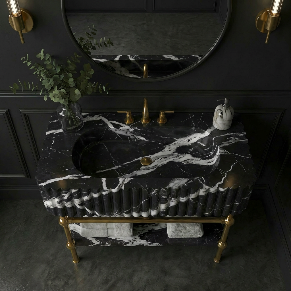 30" Nero Marquina Fluted Marble Sink With Brass Console Legs