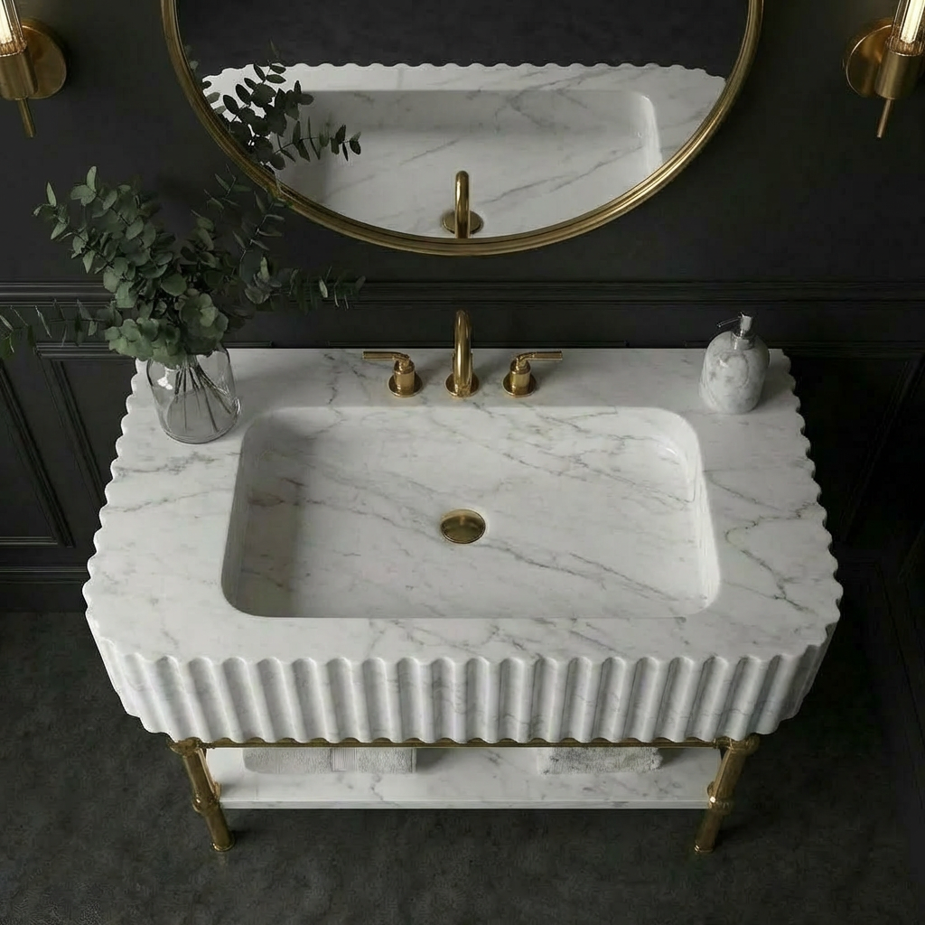 30" White Marble Sink With Brass Console Legs