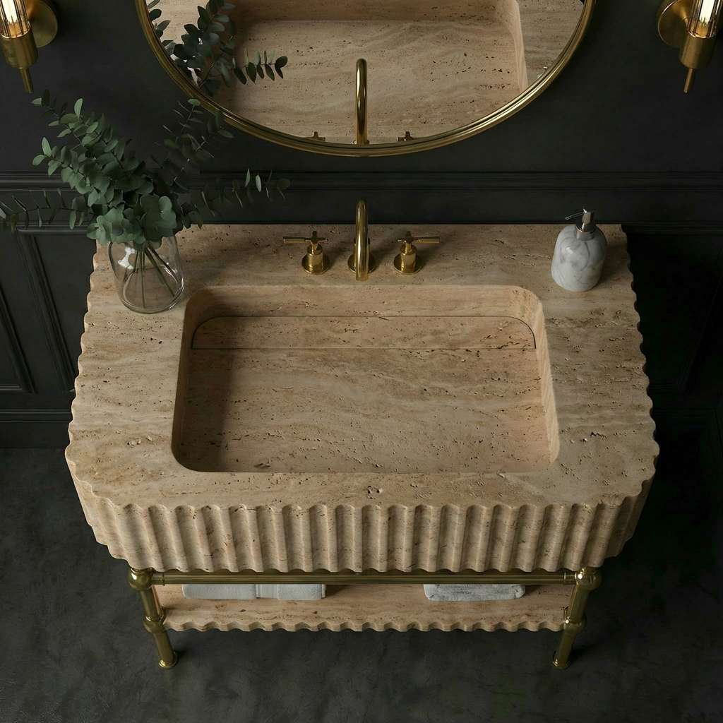 30" Travertine Marble Sink With Brass Console Legs
