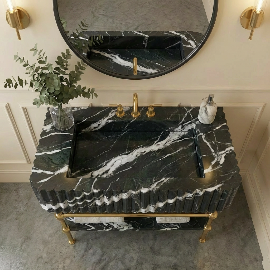 30" Green Fluted Marble Sink With Brass Console Legs